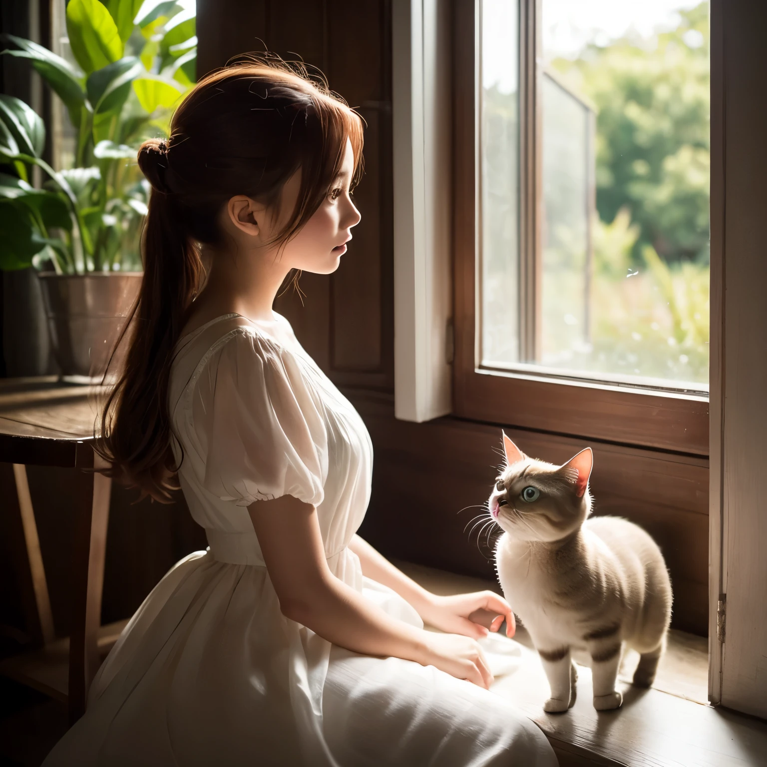 a Girl with a Siamese cat, sitting by a sunny window, whispers of twilight, in the soft golden light of twilight, a young girl at a sunny window, the delicate fabric of her white dress dancing in the breeze, her auburn hair waving in the air, her pet Siamese cat at the window, its striking blue eyes reflecting the light sun,
