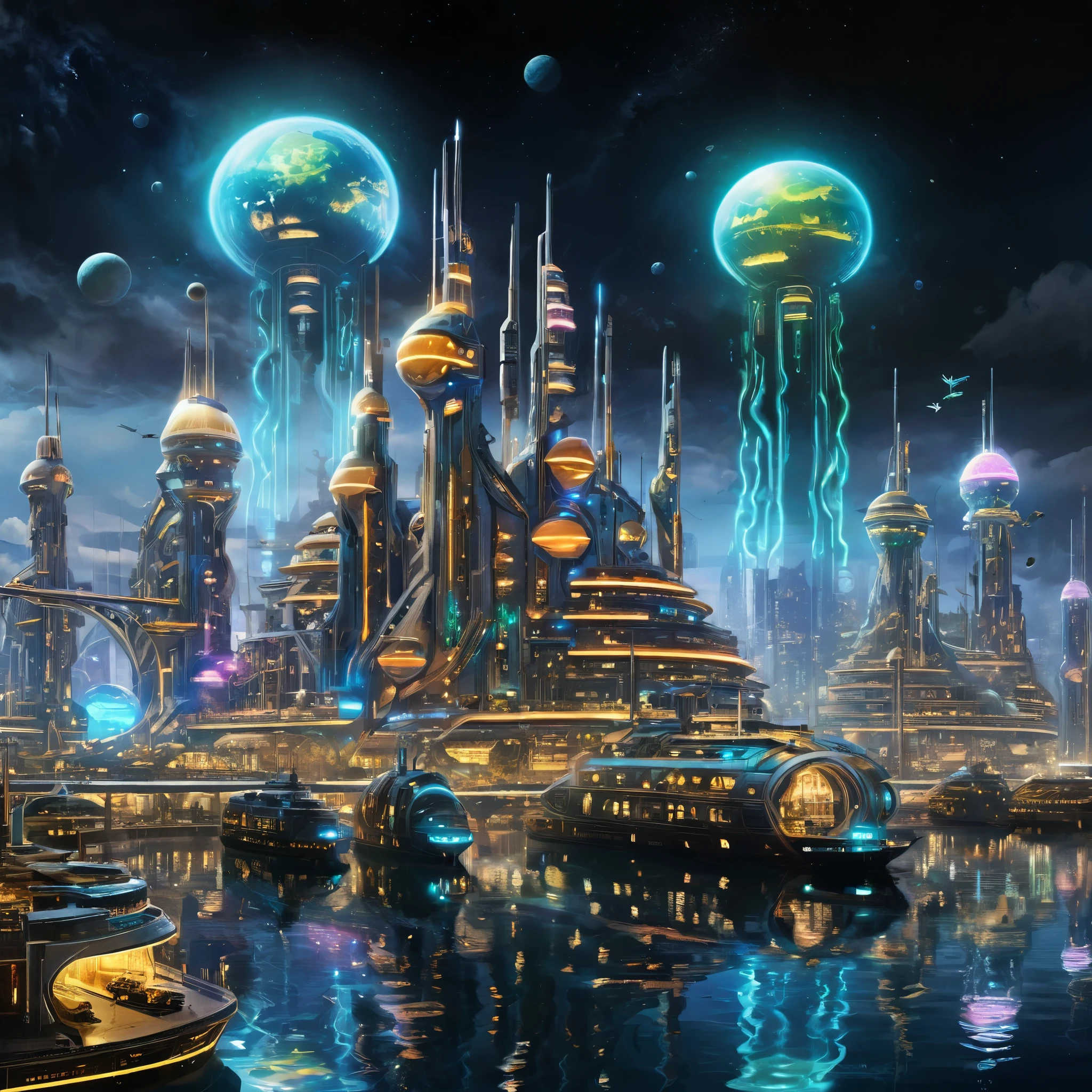 A port city with futuristic ships and advanced docking facilities, glowing with neon lights, photorealistic, bold colors, digitally enhanced.