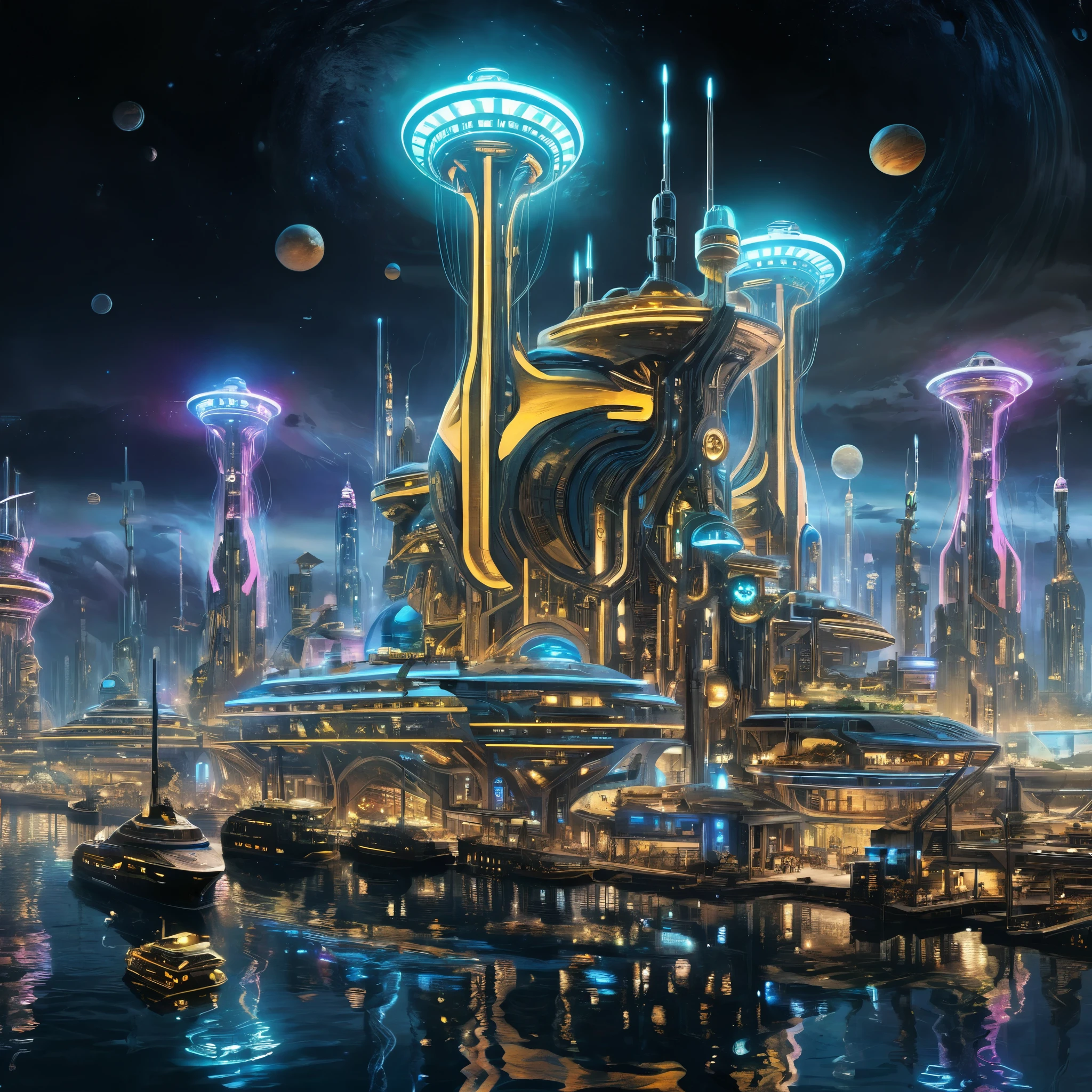 A port city with futuristic ships and advanced docking facilities, glowing with neon lights, photorealistic, bold colors, digitally enhanced.