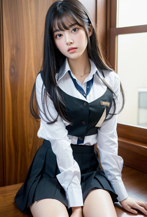 (highest quality, 8k, masterpiece ), An innocent 12-year-old junior high school girl
, Black Hair、Chest that looks like the shirt is about to tear、bangs:0.6,グラマーなThighs、Tight uniform:1.4、mini skirt, Highly detailed face, double eyelid, Strong natural light、round face、whole body、Thighs、loafers、round face、Horizontal angle,Side Angle:1.2