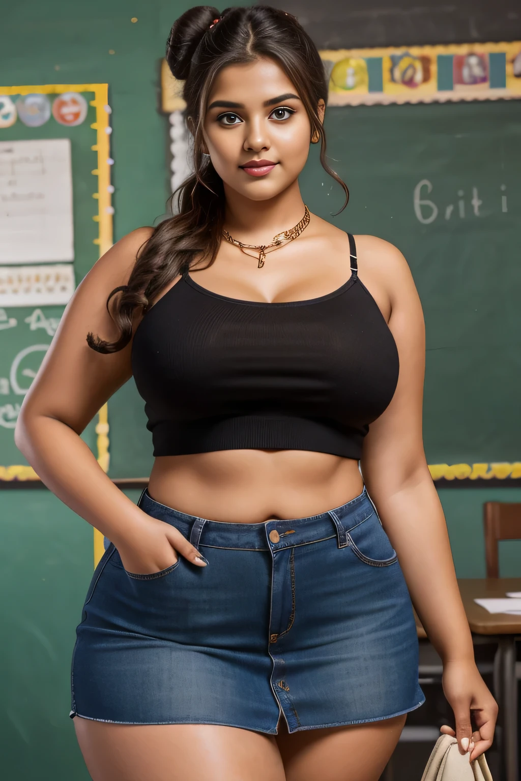 20yo  in school school photo in school masterpiece, (photorealistic:1.4), best quality, beautiful lighting,Eleanor Marathi Woman 20yo Old Big 44M round firm Breasts Plus Size Model lipstick Bun lHair Bun Hair Hair Lifts Skirt Up Raised Skirt, wearing Slant Shoulder Chain Strap tanktop and micro cowboy shorts. 