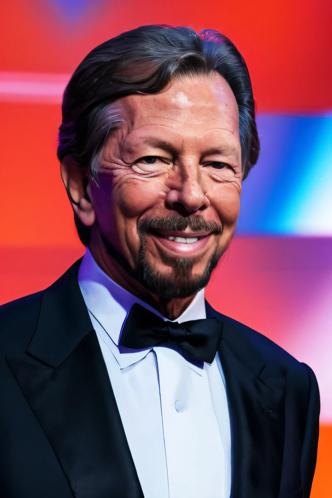 Oracle Founder Larry Ellison, half body shot, detailed face, detailed representation of the face, detailed eyes, high quality, high resolution, best image, whole body shot wearing tuxedo outfit, facing the audience, 8k, high quality, colorful background