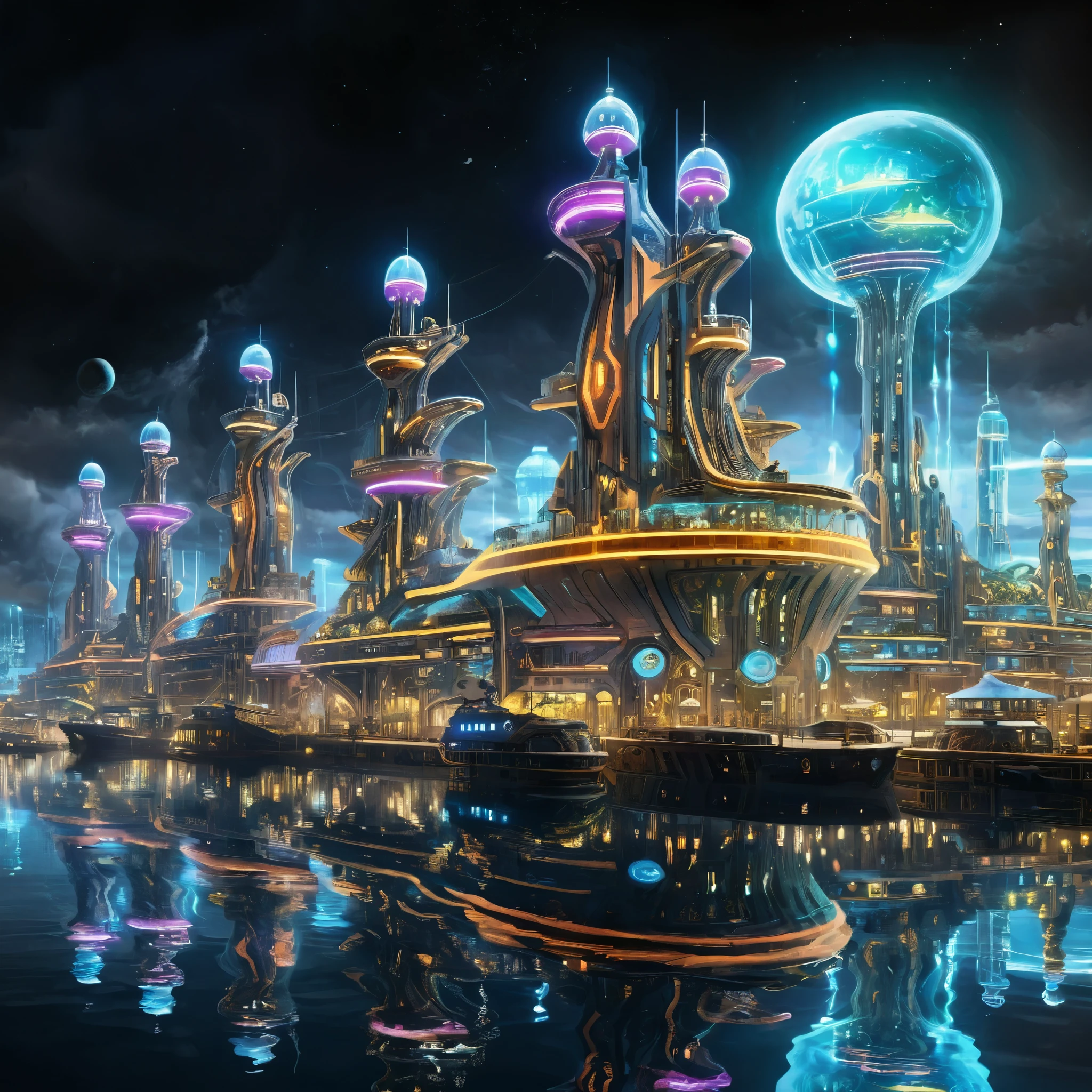 A port city with futuristic ships and advanced docking facilities, glowing with neon lights, photorealistic, bold colors, digitally enhanced.