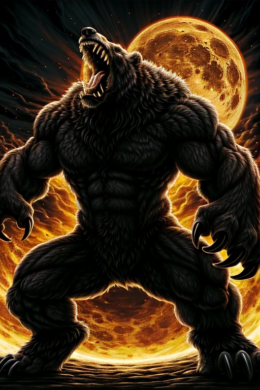 masterpiece, best quality,  realistic, realistic fur,furious, rage, ((roaring)), bear, huge,muscular, large claws, large teeth, howling,epic pose, dynamic, (red moon), full moon, 