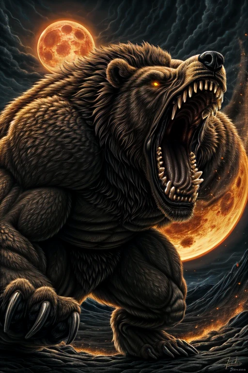 masterpiece, best quality, realistic, realistic fur,furious, rage, ((roaring)), bear, huge,muscular, large claws, large teeth, howling,epic pose, dynamic, (red moon), full moon,