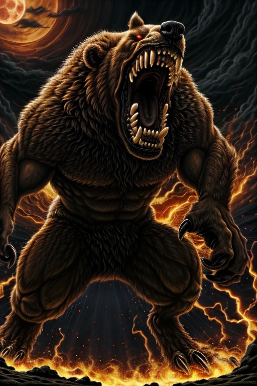 masterpiece, best quality, realistic, realistic fur,furious, rage, ((roaring)), bear, huge,muscular, large claws, large teeth, howling,epic pose, dynamic, (red moon), full moon,