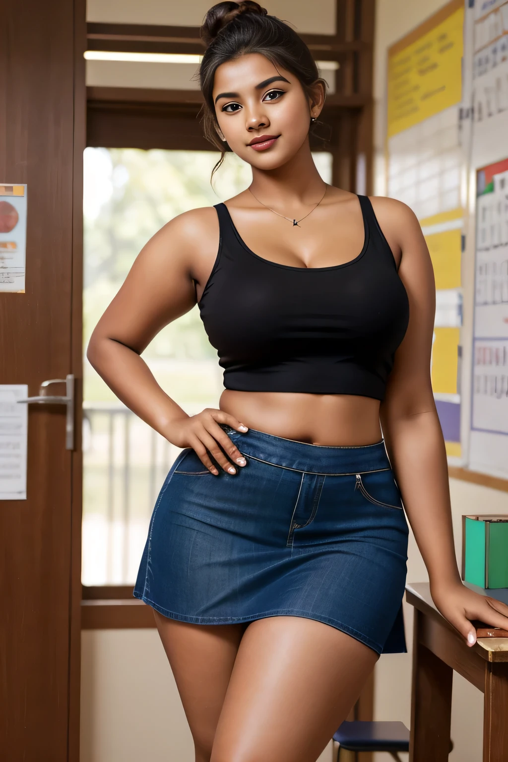 20yo  in school school photo in school masterpiece, (photorealistic:1.4), best quality, beautiful lighting,Eleanor Marathi Woman 20yo Old Big 44M round firm Breasts Plus Size Model lipstick Bun lHair Bun Hair Hair Lifts Skirt Up Raised Skirt, wearing Slant Shoulder tanktop and micro cowboy shorts. 