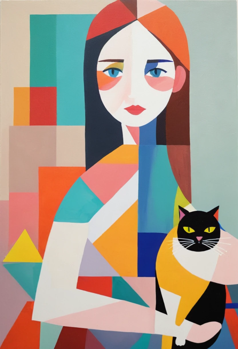 abstract painting of girl and cat, colorful geometric