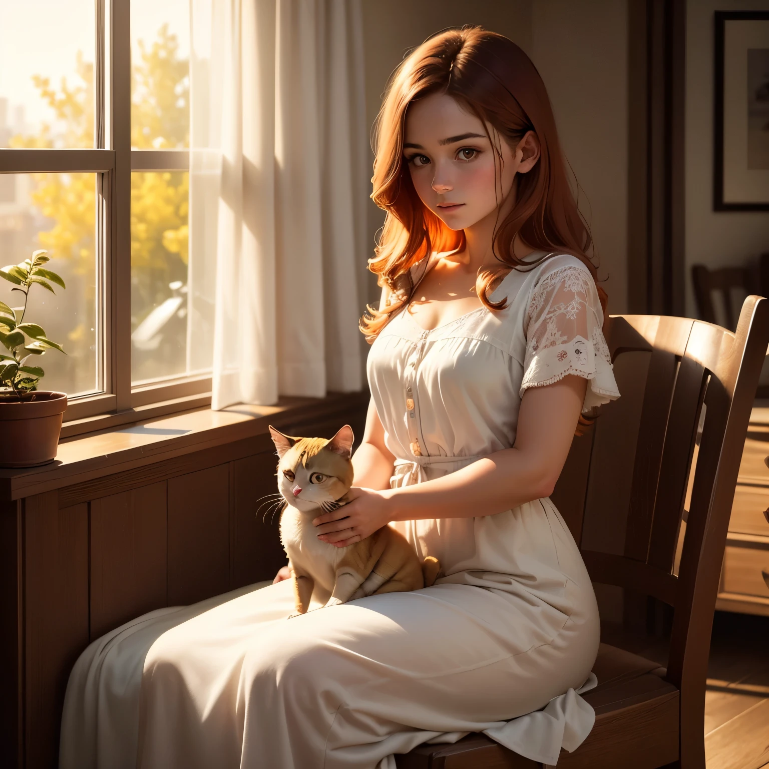 (best quality, masterpiece, highres:1.2), detailed, a Girl with a Siamese cat, sitting by a sunny window, whispers of twilight, in the soft golden light of twilight, a young girl at a sunny window, the delicate fabric of her white dress dancing in the breeze, her auburn hair waving in the air, her pet Siamese cat at the window,