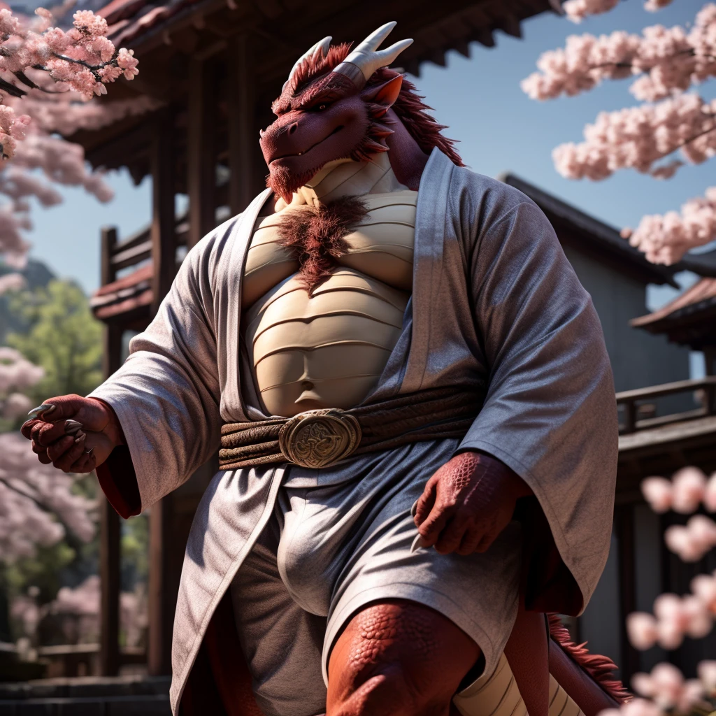 Eastern Dragon, Male, Solo, Middle-Aged, Daddy Vibe, Beard, Dragon horns, Scales, Wearing Kimono, Walking, Japanese Building Terrace With cherry blossom Background, Sexy, Looking at viewer, 1boy, (Photorealistic, Realistic Shadows, Cinematic Lighting, Depth of Field, Low Between Legs Shot), Pecs, Hands out, Dragon Claws, Chest Hair, Legs, Bulge