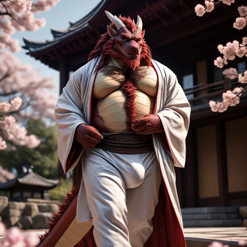 Eastern Dragon, Male, Solo, Middle-Aged, Daddy Vibe, Beard, Dragon horns, Scales, Wearing Kimono, Walking, Japanese Building Terrace With cherry blossom Background, Sexy, Looking at viewer, 1boy, (Photorealistic, Realistic Shadows, Cinematic Lighting, Depth of Field, Low Between Legs Shot), Pecs, Hands out, Dragon Claws, Chest Hair, Legs, Bulge