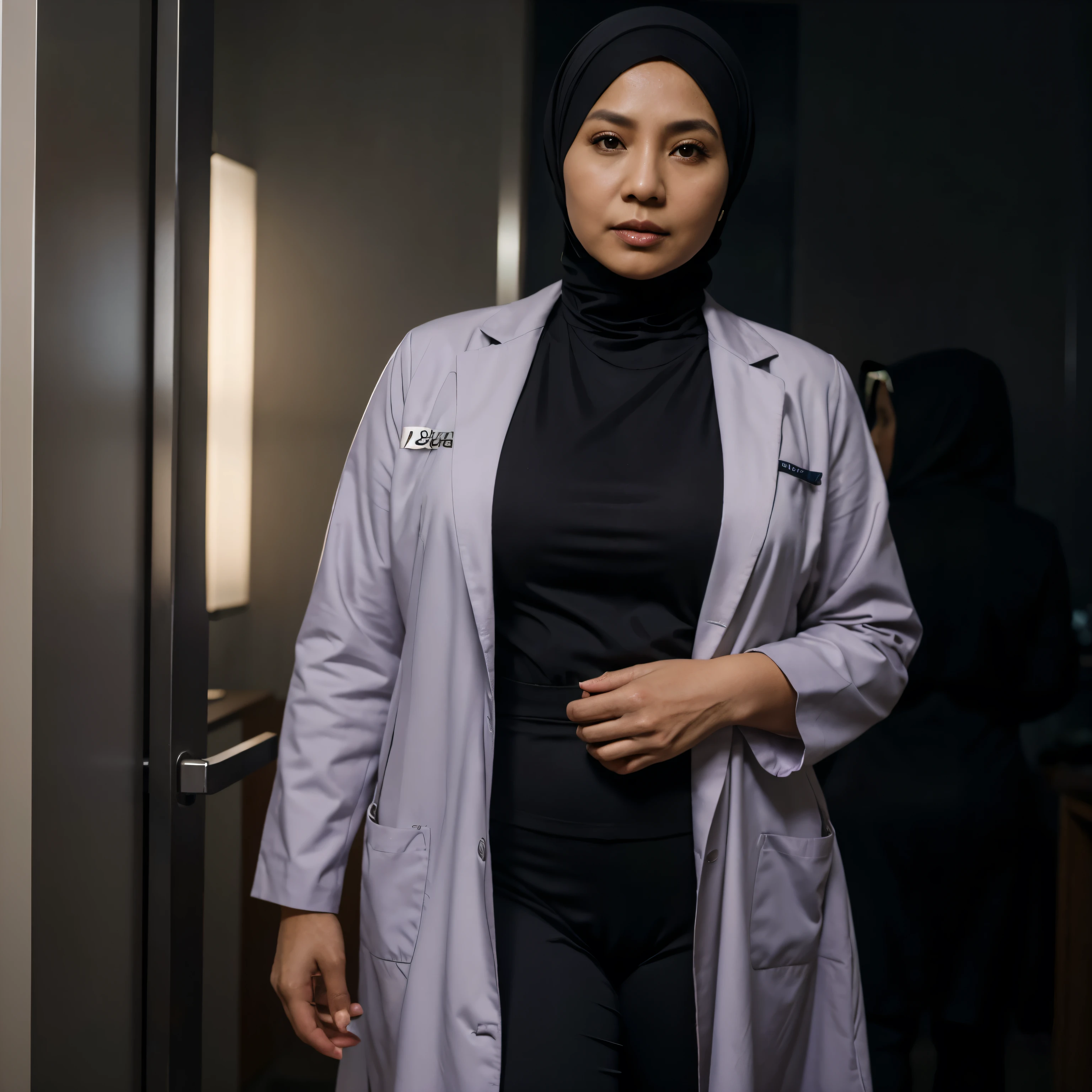 50 years Old, Hijab Indonesian mature woman, Big  : 99.9, doctor suit, Tight clothes : 1.9, ((at doctor Ward)), Dark light, at Nighttime.