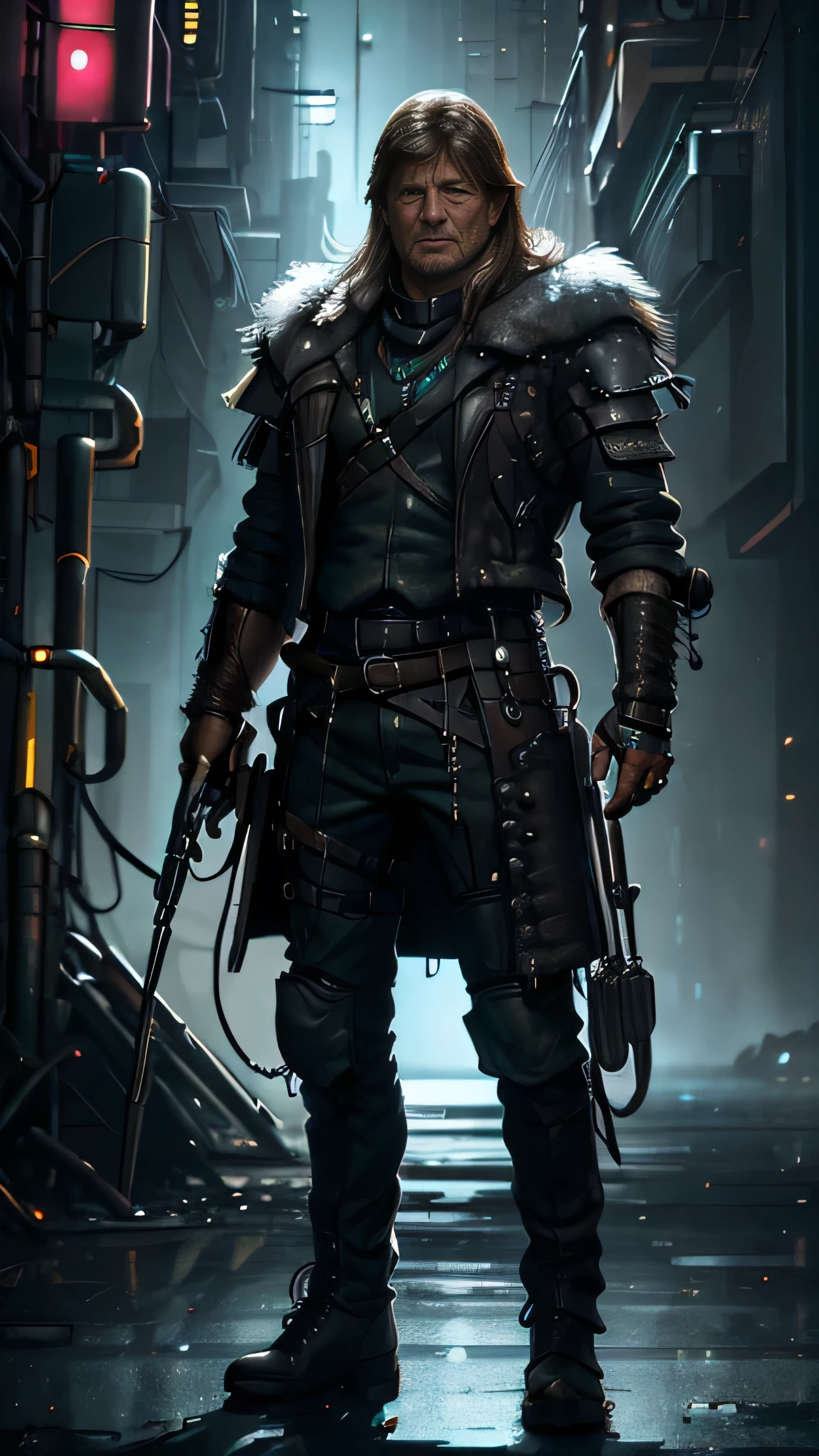 (сyberpunk style), neon, (Sean Bean) as Eddard Stark, stubble, сyberpunk military armor, сyberpunk fur, сyberpunk boots, standing, in a сyberpunk city, (1man), (solo), (full body view), beautiful detailed glow, detailed, cinematic light, intricate detail, realistic, highres, detailed facial features, high detail, sharp focus, smooth, aesthetic, extremely detailed, stamp, octane render