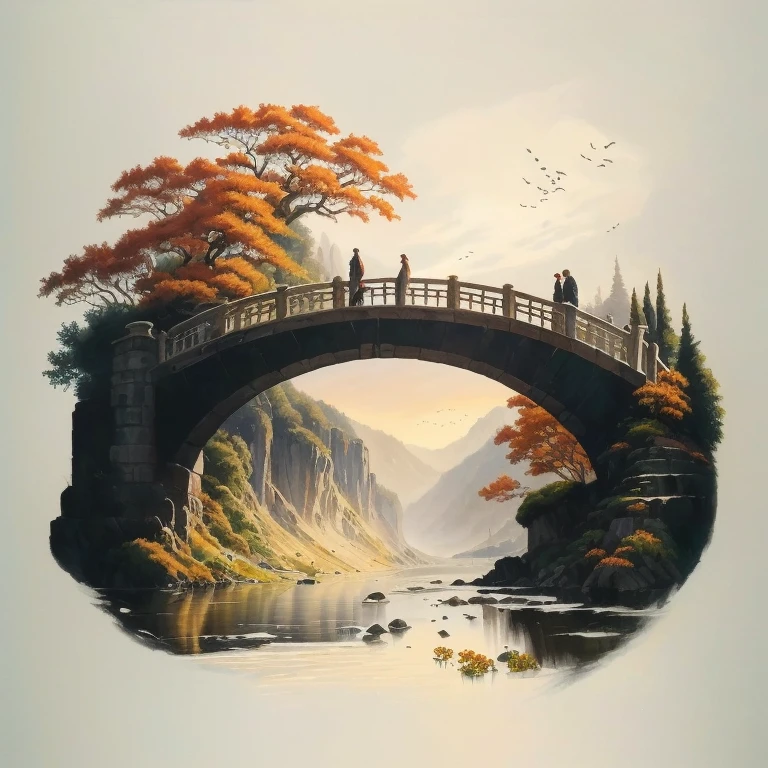 there is a picture of a bridge and people, walking along it, beautiful art UHD 4K, stunning artwork in 8k, beautiful artwork illustration, beautiful digital images, The art of scenery in detail, Highly detailed 4k digital art, highly detailed digital image, decorations, complex digital painting, detailed painting 4k, stunning digital illustration, Japanese art style, 4k highly detailed graphics, monochrome 