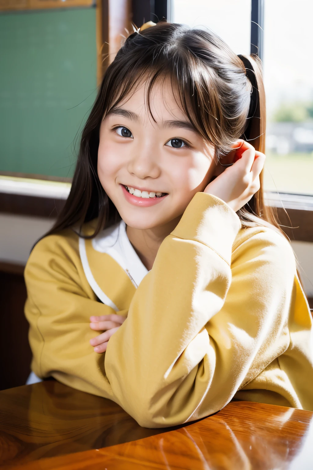 lens: 135mm f1.8, (highest quality),(RAW Photos), (Tabletop:1.1), (Beautiful 12 year old Japanese girl), Cute Face, (Deeply chiseled face:0.7), (freckles:0.4), dappled Nikko, Dramatic lighting, (Japanese School Uniform), (In the classroom), shy, (Close-up shot:1.2), (smile)