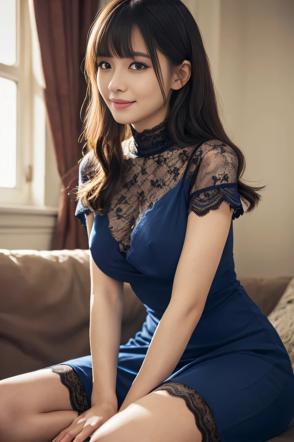((whole body:1.4, highest quality)), (Realistic photos:1.4), ((sitting on a navy sofa)), (((Raise your knees and spread them wide to the sides:1.7))), ((Pussy visible through lace:1.9)), ((Nipples visible through lace:1.2)),
((1 girl)), (dream-like),((50 years old with nasolabial folds and wrinkles:1.4)),((Minimal and natural makeup:1.5)),
(超High resolution:1.2), Very delicate and beautiful, wonderful, Very detailed CG Unity 8k wallpaper, Very detailed, High resolution,
Dim and soft light, Beautiful detailed girl, Very detailedな目と顔, Beautiful and exquisite nose, Beautiful and exquisite,
(Wear navy blue, Transparent lace dress:1.3), (Lace Shawl)
Cinema Lighting, Perfect Anatomy, Slender body, (Parted bangs),
Looking at the audience, (Old-fashioned smile)
