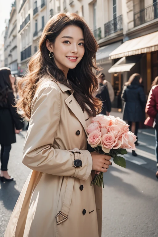 highest quality、4K、Perfect Face、Perfect Style、Sunburn、beautiful、stylish appeal、Mature、long layer curly hair、Swept-back hair、in paris 、full body, giddy smile、havin a rose bouquet 、hoop pierce、trench coat、