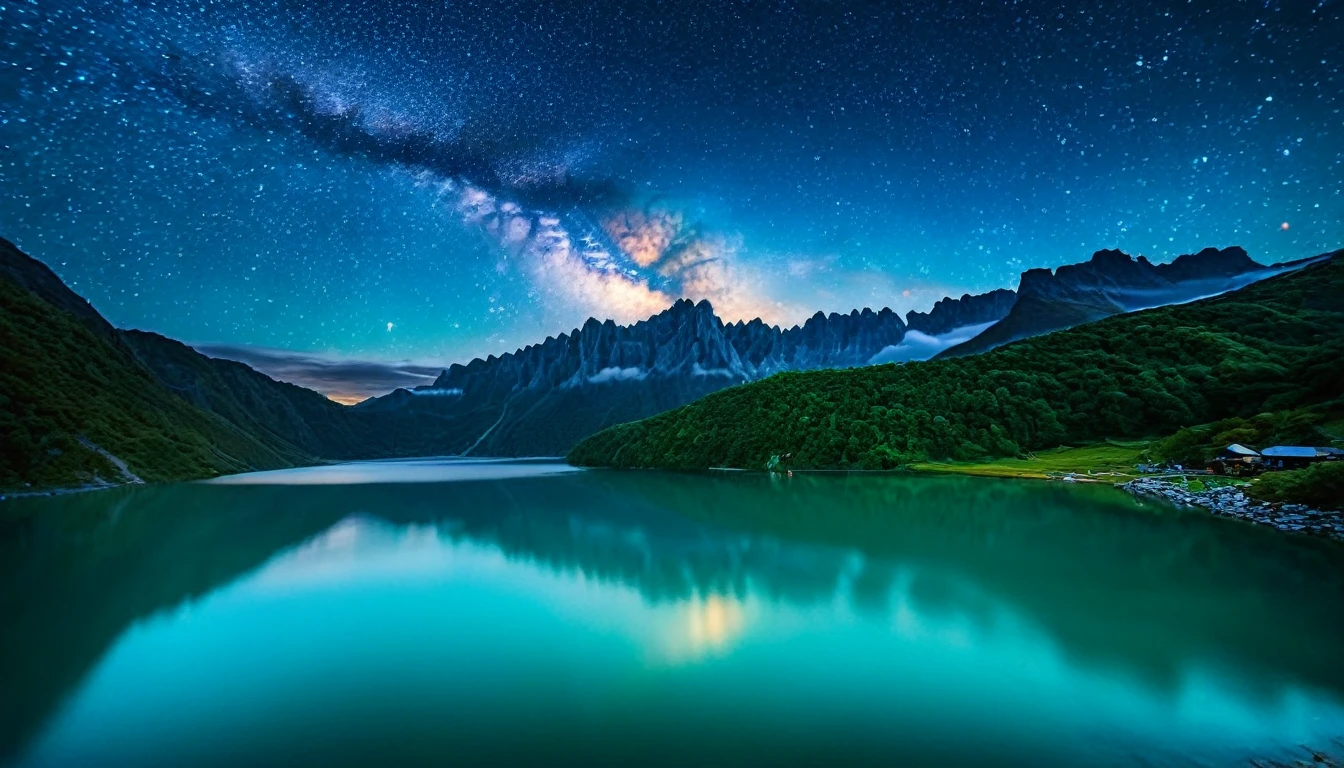 (Una vista wonderful:1.1),Sky full of clouds,Sacred and spiritual light,cliff,Gorgeous colors,Enchanting atmosphere,wonderfullandscape,majestic clouds,wonderful景色,ドラマチックなcliff,Unimaginable beauty,Heavenly brilliance,Dreamlike panorama,Calm and charming,忘れられないlandscape,wonderful,Sublime Vision,Stunning natural wonders,Otherworldly atmosphere,Magnificent View,Silence and paradise,魅力的なlandscape,wonderful景色,Dazzling colors,wonderfulショー,Tranquility and tranquility,wonderful夕日,Bright sky,Quiet and peaceful atmosphere,fantastic and enchanting,Greatness and beauty,Sublime and heavenly,irreal e wonderful,Unforgettable and sublime,Sacred and enchanting,Breathtakingly beautiful、Magical,Fascinating and surreal, Hut,Mountain々, landscape, lake,Film Grain, Speed Effect, night, The starry sky is beautiful. Not a single cloud