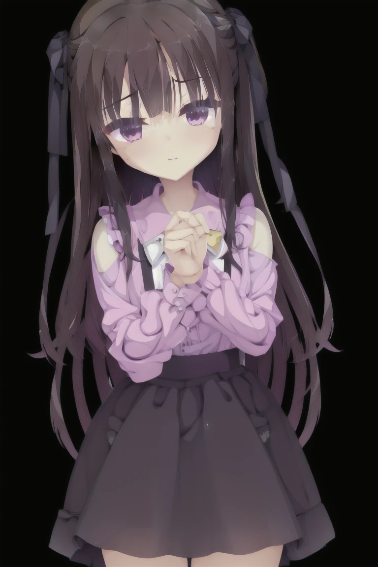 1girl,solo,long_hair,blush,bangs,skirt,shirt,black_hair,long_sleeves,bow,very_long_hair,purple_eyes,hair_bow,frills,puffy_sleeves,collared_shirt,black_skirt,bag,blurry,two_side_up,v-shaped_eyebrows,dress_shirt,black_bow,depth_of_field,lace_trim,puffy_long_sleeves,pink_shirt,emphasis_lines,jiraikei_fashion,expensive_solve, clear_image, expensive_Contrast, 8k, Sparkling, beautiful_detailed_face_and_eye, (Dark Brown Hair:1.25), 白 eye,Black background
