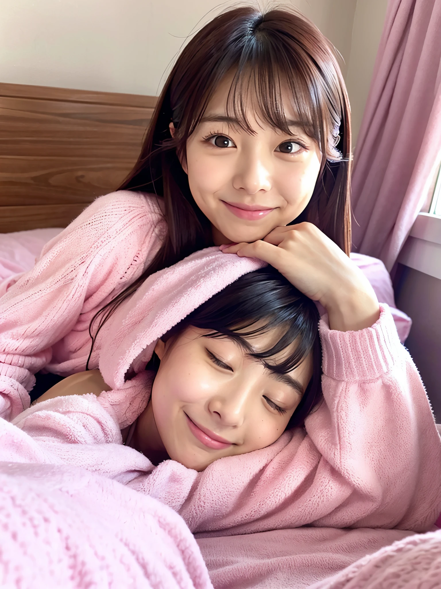 A cute face like an idol Pink pajamas 高熱を出してSleeping in bed A face that looks like it's suffering from fever Her pajamas are messed up, exposing her bra and panties High fever and sweat on chest High fever and sweat on face Cleavage Medium bust In a dark room Natural light Sleeping in bed Whole body Full body portrait RAW Photos live-action Genuine Real Stick High resolution RAW Photos