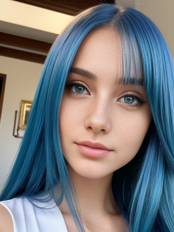 Photorealistic portrait of a 24-year-old American girl with blue hairstyle . she has straightened straight hair. She has blue turkize light eyes.She is natural. She should have a lot freckles on her face. She is natural and ultrarealistic.She is photoshooting and  super posing. She doing selfie. Selfie for instagram post. Instagram selfie. Selfie.she wears a open royal gold dress. In the background are garden and roses.