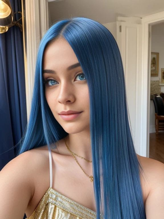 Photorealistic portrait of a 24-year-old American girl with blue hairstyle . she has straightened straight hair. She has blue turkize light eyes.She is natural. She should have a lot freckles on her face. She is natural and ultrarealistic.She is photoshooting and  super posing. She doing selfie. Selfie for instagram post. Instagram selfie. Selfie.she wears a open royal gold dress. In the background are garden and roses.