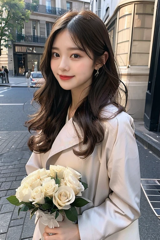 highest quality、4K、Perfect Face、Perfect Style、Sunburn、beautiful、stylish appeal、Mature、long layer curly hair、Swept-back hair、in paris 、full body, giddy smile、havin a rose bouquet 、hoop pierce、trench coat、
