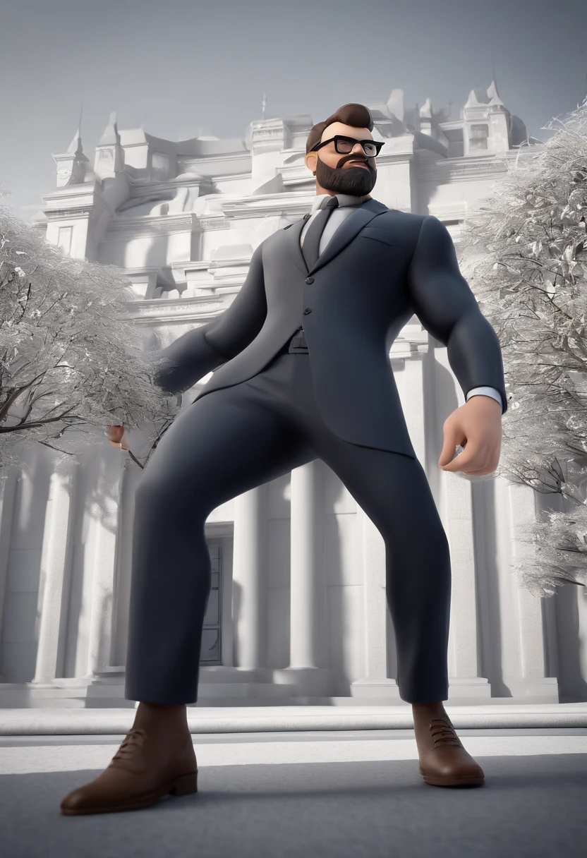 Cartoon character of a man with black glasses and a very stylish black suit with beard and with a defined body, animation character, Caractere estilizado, animation style rendering, 3D estilizado, Arnold Maya render, 3 d render stylized, toon render keyshot, Personagem 3D, Personagem 3D, 3d rendering stylized, 3 d character render, personagem de desenho animado, Personagem de close up, Pose de personagem,  (Estilo Pixar) (master part:1.2) (Bokeh) (best quality) (pele detalhada) (textura detalhada) (8k) (argila) (Cinematic lighting) (sharp focus