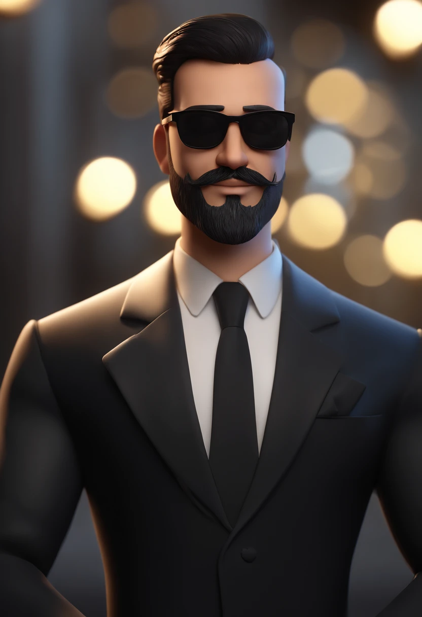 Cartoon character of a man with black glasses and a very stylish black suit with beard and with a defined body, animation character, Caractere estilizado, animation style rendering, 3D estilizado, Arnold Maya render, 3 d render stylized, toon render keyshot, Personagem 3D, Personagem 3D, 3d rendering stylized, 3 d character render, personagem de desenho animado, Personagem de close up, Pose de personagem, (Estilo Pixar) (master part:1.2) (Bokeh) (best quality) (pele detalhada) (textura detalhada) (8k) (argila) (Cinematic lighting) (sharp focus