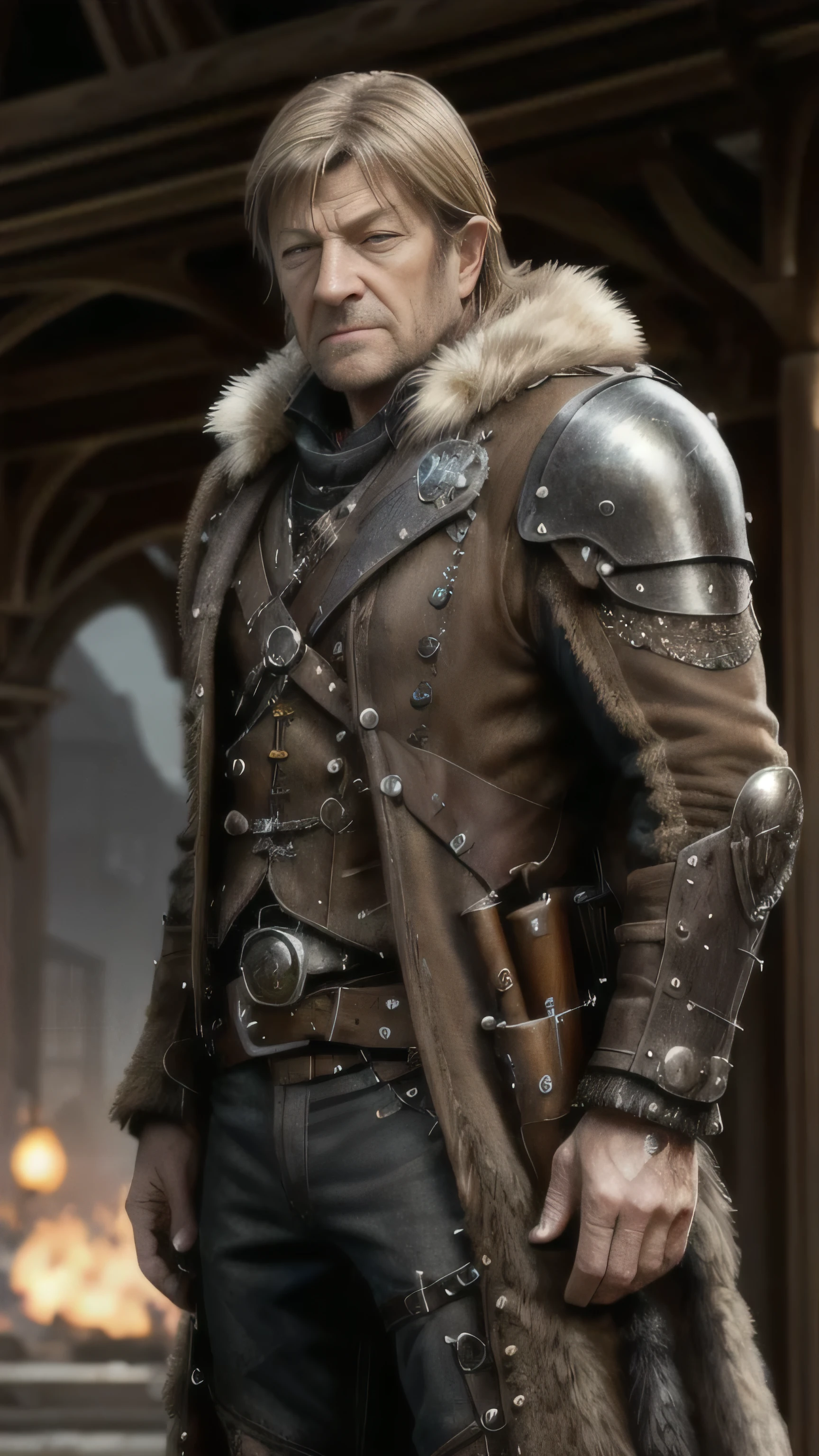 steampunkai, (Sean Bean) as Eddard Stark, stubble, steampunk armor, steampunk fur, steampunk boots, standing, in a steampunk city, (1man), (solo), (full body view), beautiful detailed glow, detailed, cinematic light, intricate detail, realistic, highres, detailed facial features, high detail, sharp focus, smooth, aesthetic, extremely detailed, stamp, octane render