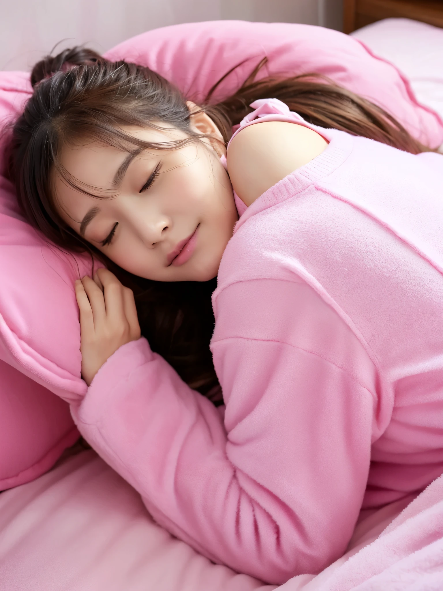 A cute face like an idol Pink pajamas 高熱を出してSleeping in bed A face that looks like it's suffering from fever Her pajamas are messed up, exposing her bra and panties High fever and sweat on chest High fever and sweat on face Cleavage Medium bust In a dark room Natural light Sleeping in bed Whole body Full body portrait RAW Photos live-action Genuine Real Stick High resolution RAW Photos