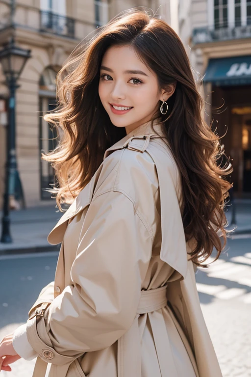 highest quality、4K、Perfect Face、Perfect Style、Sunburn、beautiful、stylish appeal、Mature、long layer curly hair、Swept-back hair、in paris 、full body, giddy smile、havin a rose bouquet 、hoop pierce、trench coat、