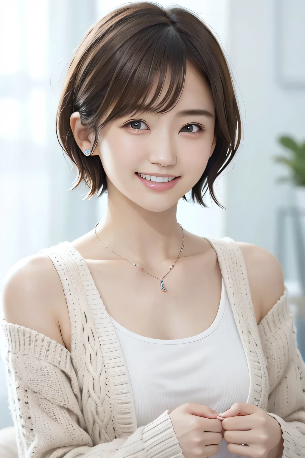 205 ((short hair)), 20-year-old female, In underwear、Put a cardigan over your shoulders、 A refreshing smile、Beautiful teeth alignment、Dark eyeliner、Dark brown hair、ear piercing、Necklace around the neck、Looking at the cameraカーディガンを袖を通さずに着る