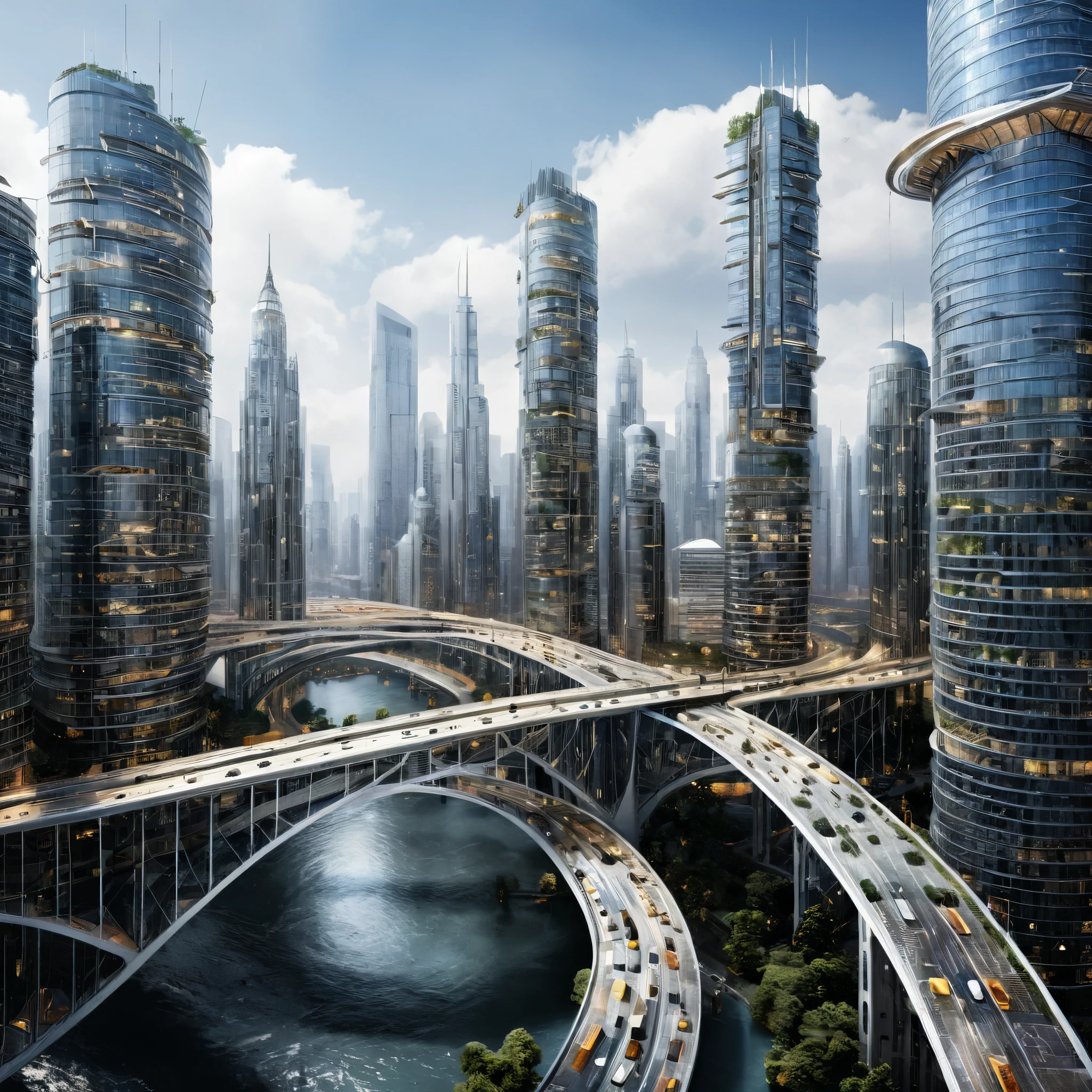 A city connected by numerous skybridges between high-tech skyscrapers, creating a complex urban network, photorealistic, finely rendered textures.