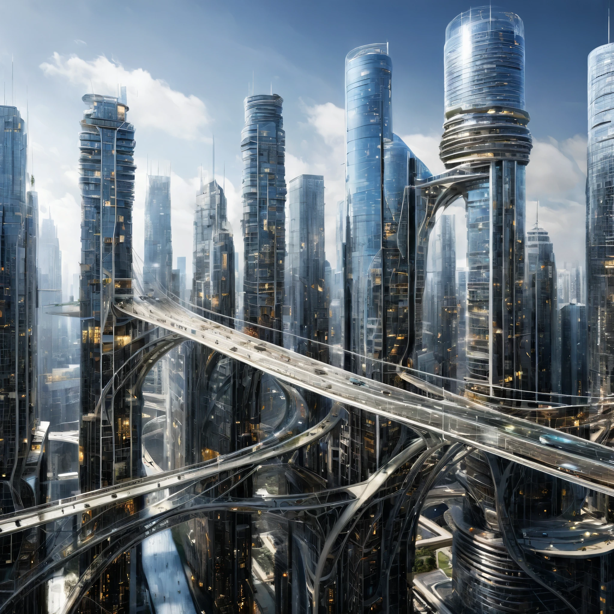 A city connected by numerous skybridges between high-tech skyscrapers, creating a complex urban network, photorealistic, finely rendered textures.