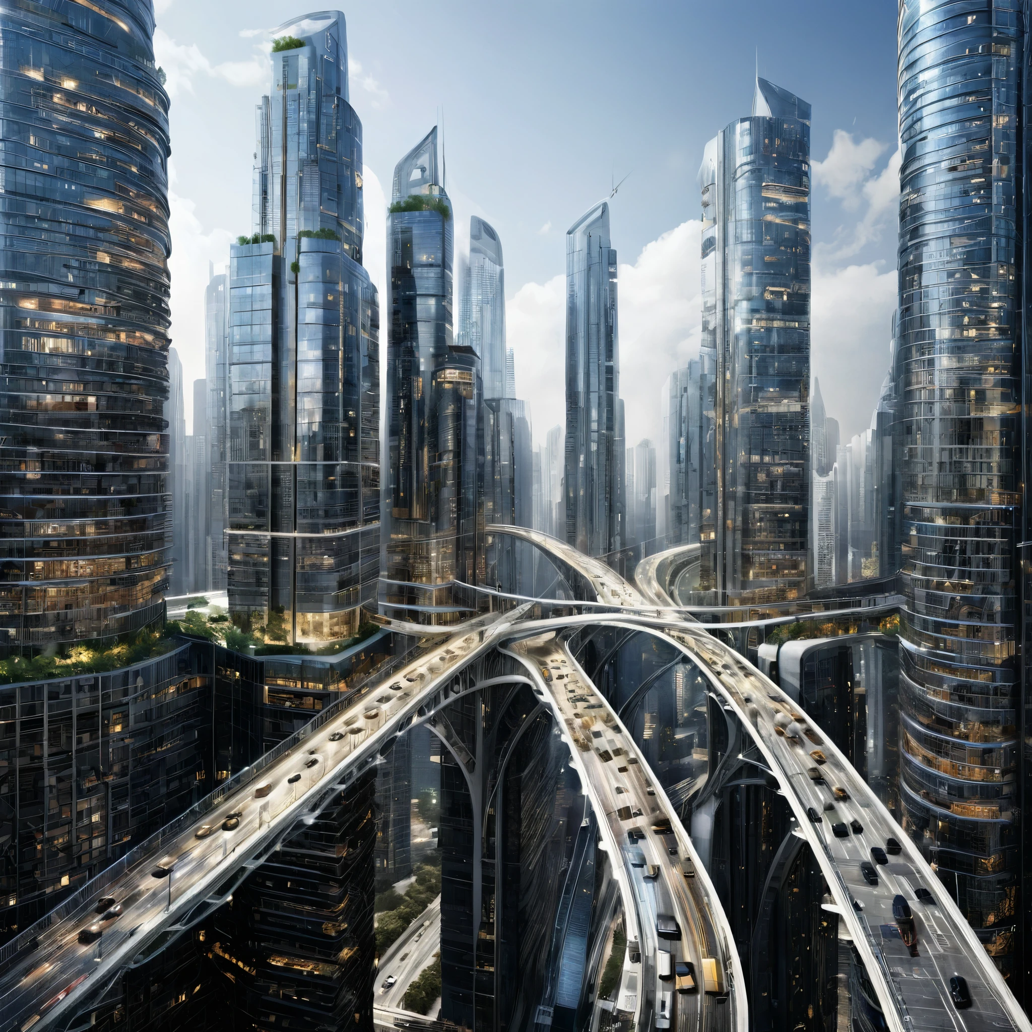 A city connected by numerous skybridges between high-tech skyscrapers, creating a complex urban network, photorealistic, finely rendered textures.