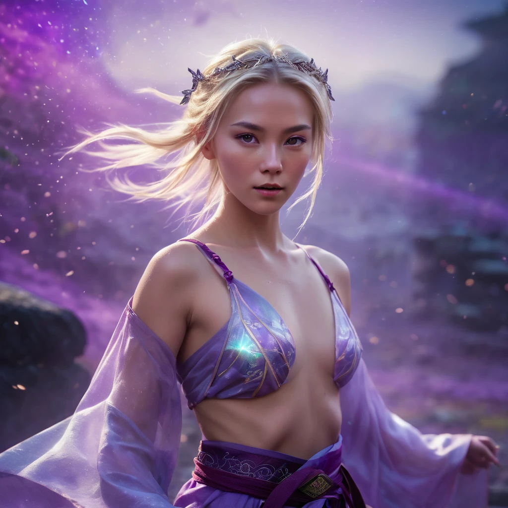 A handsome topless Norwegian girl, sharp eyes, clear facial features, wearing Hanfu, combat posture, martial arts movements, body surrounded by purple mist, runes around, holographic reality, holographic halo, motion blur, game light effects, edge light, soft light, movie edge light, delicate light, masterpiece, super detailed, epic composition, super HD, high quality, highest quality, 32k