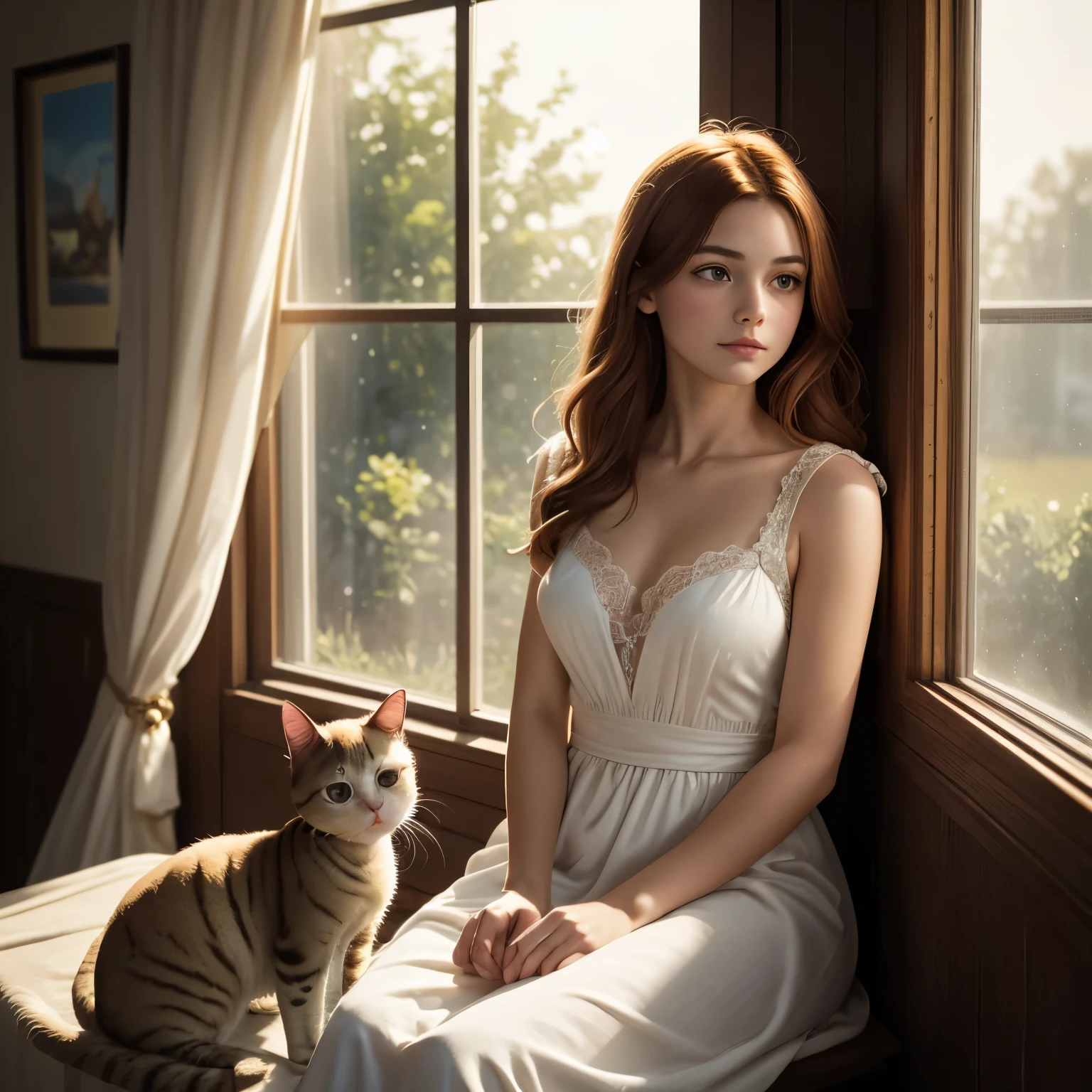 (best quality, masterpiece, highres:1.2), detailed, a Girl with a Siamese cat, sitting by a sunny window, whispers of twilight, in the soft golden light of twilight, a young girl at a sunny window, the delicate fabric of her white dress dancing in the breeze, her auburn hair waving in the air, her pet Siamese cat at the window,