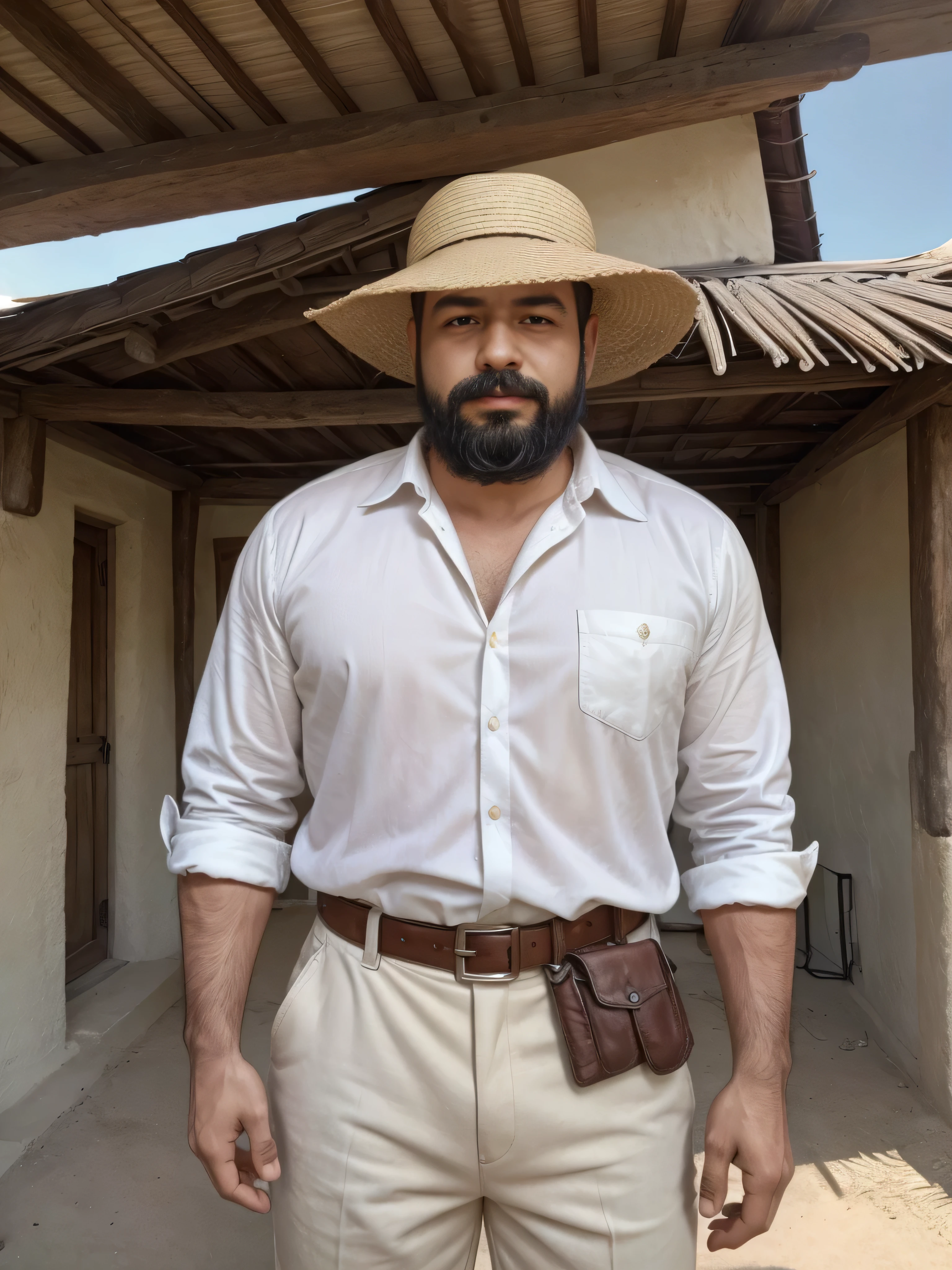 A 38-year-old man with brown skin and a beard, wearing a white cotton shirt without buttons. He has dirty white cotton pants and strapped huaraches. He is also wearing a traditional hat used by poor peasants in 1910 Mexico. He does not have a belt. The setting is a rural area from that era, featuring stone houses and jacales with roofs made of dry thatch. The image should be super realistic, showing a medium shot of the upper part of his body.
