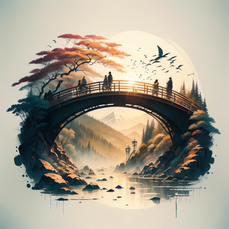 there is a picture of a bridge and people, walking along it, beautiful art UHD 4K, stunning artwork in 8k, beautiful artwork illustration, beautiful digital images, The art of scenery in detail, Highly detailed 4k digital art, highly detailed digital image, decorations, complex digital painting, detailed painting 4k, stunning digital illustration, Japanese art style, 4k highly detailed graphics, monochrome 