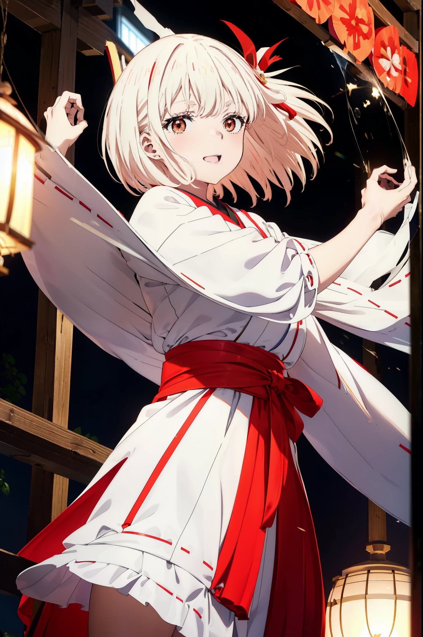 chisatonishikigi, Chisato Nishikigi, short hair, bangs, Blonde Hair, (Red eyes:1.5),happy smile, smile, Open your mouth, hair ribbon, One side up, Bobcut,Platycodon grandiflorum,Miko, White Kimono, kimono, Long red hakama,White tabi,Sandals,As with the skirt, Wide sleeves, Long sleeve, Ribbon-trimmed sleeves, Are standing, Daytime,Clear skies,
break outdoors, shrine,torii,
break looking at viewer, (Cowboy Shot:1.5),
break (masterpiece:1.2), highest quality, High resolution, unity 8k wallpaper, (figure:0.8), (Beautiful fine details:1.6), Highly detailed face, Perfect lighting, Highly detailed CG, (Perfect hands, Perfect Anatomy),