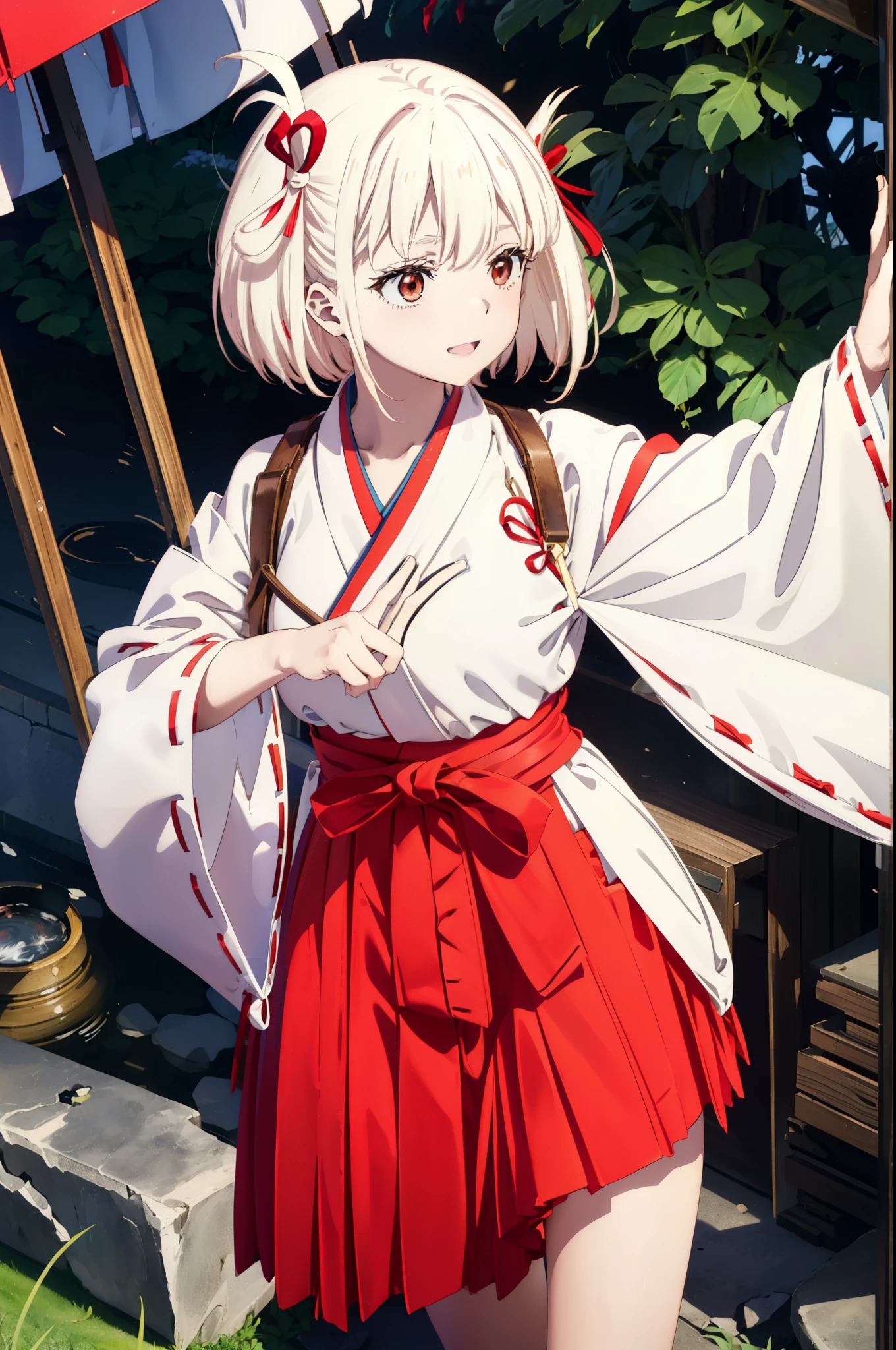 chisatonishikigi, Chisato Nishikigi, short hair, bangs, Blonde Hair, (Red eyes:1.5),happy smile, smile, Open your mouth, hair ribbon, One side up, Bobcut,Platycodon grandiflorum,Miko, White Kimono, kimono, Long red hakama,White tabi,Sandals,As with the skirt, Wide sleeves, Long sleeve, Ribbon-trimmed sleeves, Are standing, Daytime,Clear skies,
break outdoors, shrine,torii,
break looking at viewer, (Cowboy Shot:1.5),
break (masterpiece:1.2), highest quality, High resolution, unity 8k wallpaper, (figure:0.8), (Beautiful fine details:1.6), Highly detailed face, Perfect lighting, Highly detailed CG, (Perfect hands, Perfect Anatomy),