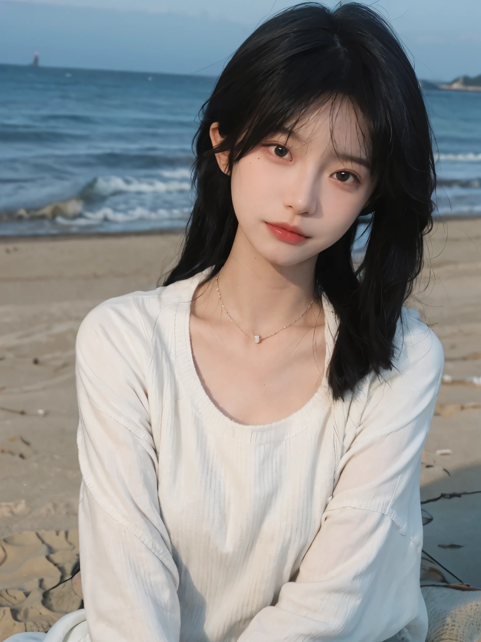 best qualtiy， Ultra-high resolution， （realisticlying：1.4），cute hairpin，1girll，with long coiled hair,Quartered sweater ，Blushlush，Beautiful woman with a slim figure:1.4, Pronounced abs，On the sandy beach,Ultra-fine face，Elaborate Eyes，double eyelid，choker necklace