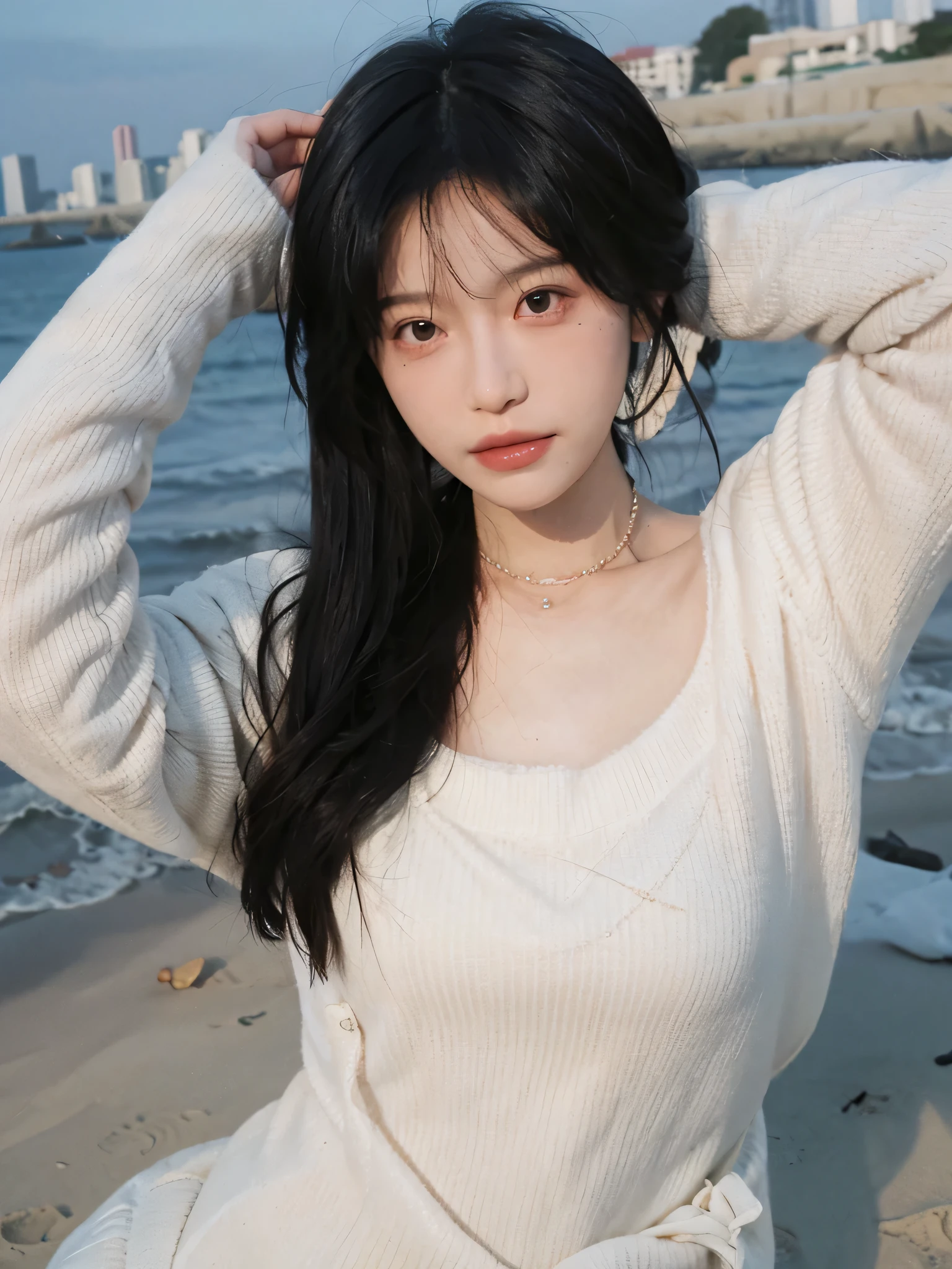 best qualtiy, Ultra-high resolution, (realisticlying:1.4),cute hairpin,1girll,with long coiled hair,Quartered sweater ,Blushlush,Beautiful woman with a slim figure:1.4, Pronounced abs,On the sandy beach,Ultra-fine face,Elaborate Eyes,double eyelid,choker necklace