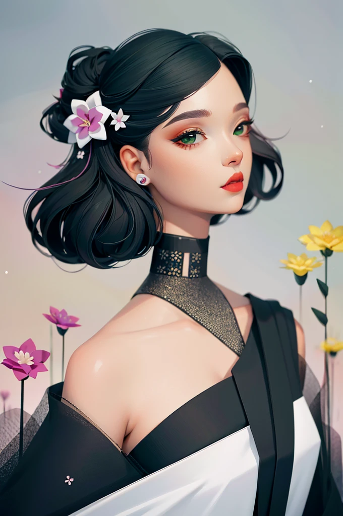 ankymoore, 
1girl, solo, looking at viewer,  green eyes, hair style and color in grey and black ,flower, hair flower,heterochromia, lipstick, kanzashi, fashionable modern clothes