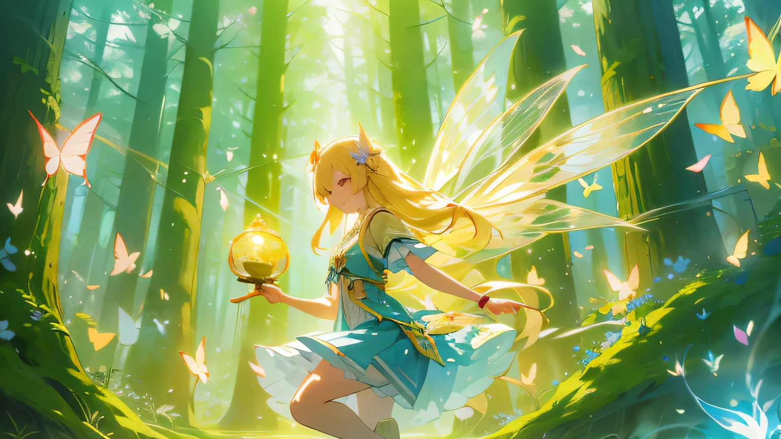 Japanimation, Eroge, Incredibly detailed and exquisitely realistic, perfection, Cover art, Zoom out, Ultra-detailed painting, Luminism, Complex, 4K resolution concept art portrait, Very advanced illustrations, 16k, Very advanced illustrations, An absurd solution, Absurd details, Soft and warm lighting, (((masterpiece))), highest quality, Very detailed, Fantasy Lighting, Beautiful shine, perspective, Depth of written boundary, ratio, Blurred Background, Bokeh, Sharp focus, Depth and Dimension, fantasy scene, Fantasy Composition, Fantasy Lighting, Very beautiful detailed forest, beautiful, Floating Hair, Particles of light, Sparkling eyes, Diffraction Spikes, Structure of the film, Delicate composition, Dynamic Angle, Perfect anatomy, Blonde, Long Hair, Fairy, Sprites, butterfly, Illustration of a spirit living in a magical forest. Spirits reside in trees and flowers、It is a being that emits colorful light., Falling petals