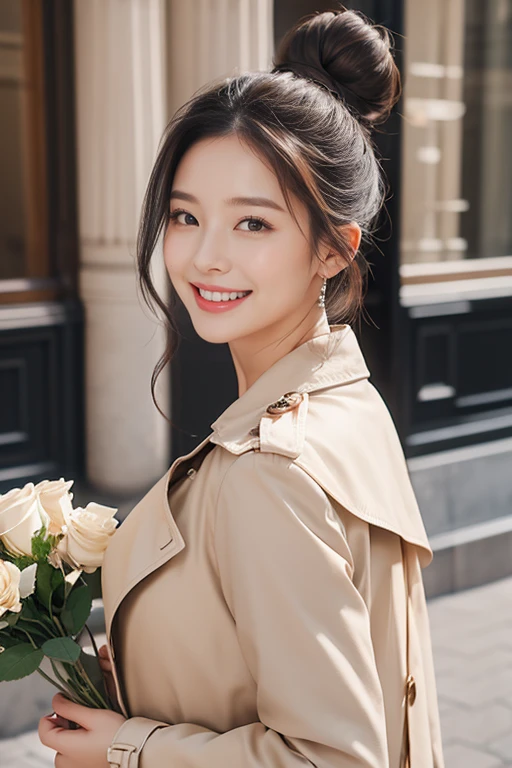 highest quality、4K、Perfect Face、Perfect Style、Sunburn、beautiful、stylish appeal、Mature、low bun hair、Swept-back hair、in paris 、full body, giddy smile、havin a rose bouquet 、hoop pierce、trench coat、