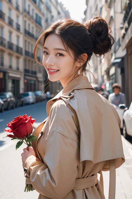 highest quality、4K、Perfect Face、Perfect Style、Sunburn、beautiful、stylish appeal、Mature、low bun hair、Swept-back hair、in paris 、full body, giddy smile、havin a rose bouquet 、hoop pierce、trench coat、