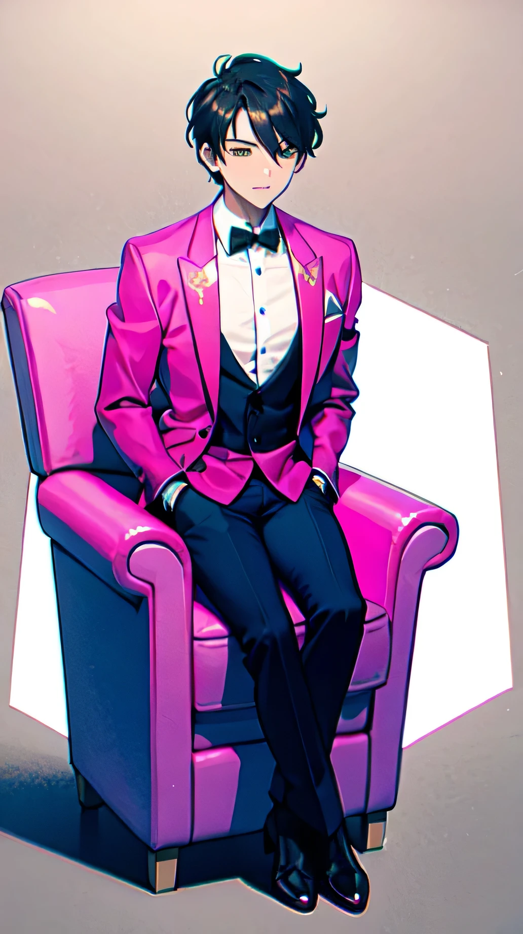 handsome, pink theme, pink formal attire, sitting in a big pink chair, shows full body