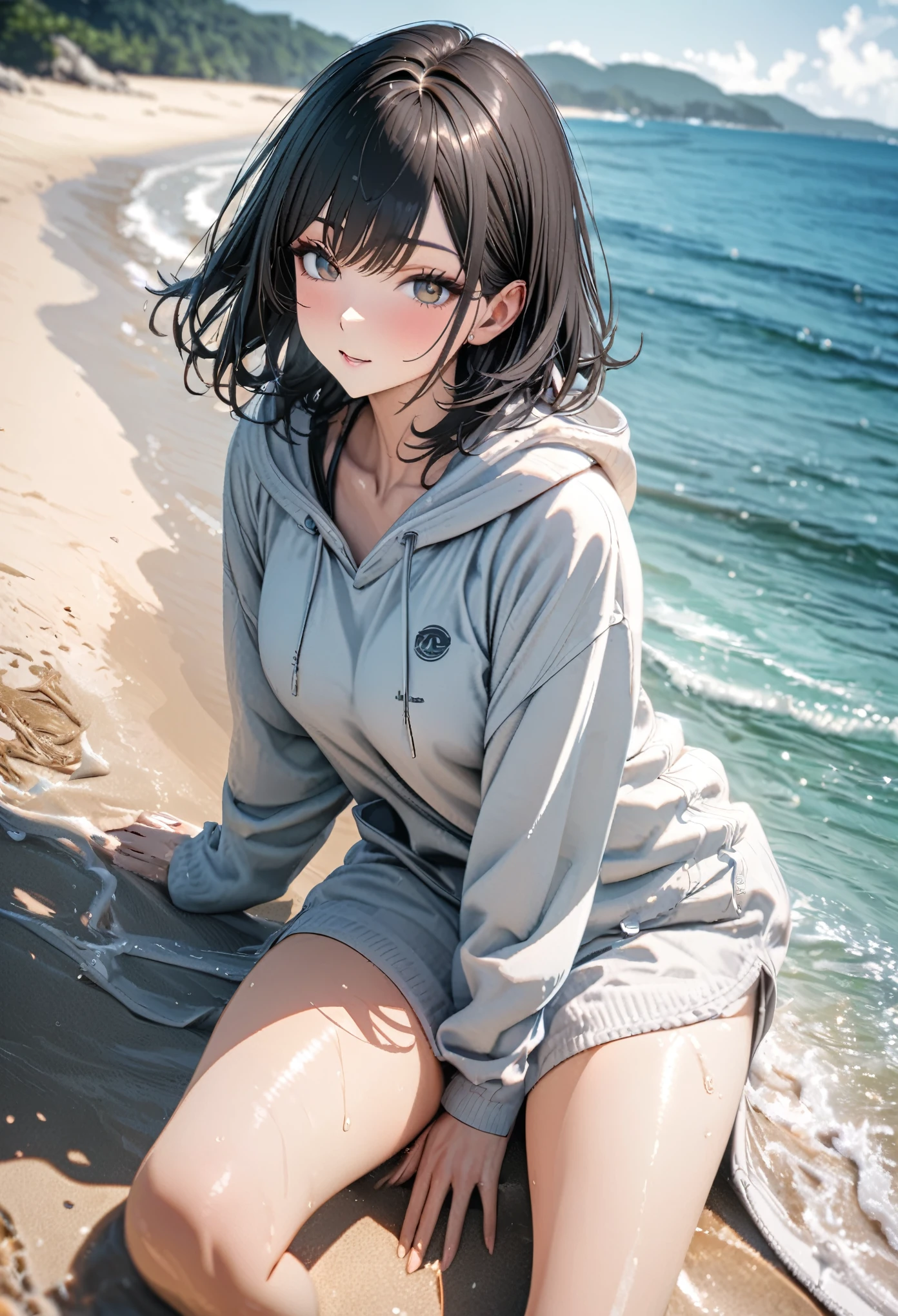 Angelic, ultra detailed, 8k, masterpiece, 1 beautiful woman, medium hair, black hair, hoodie, matured, beautiful leg, sea, on the beach, clear water, noon, natural, bright